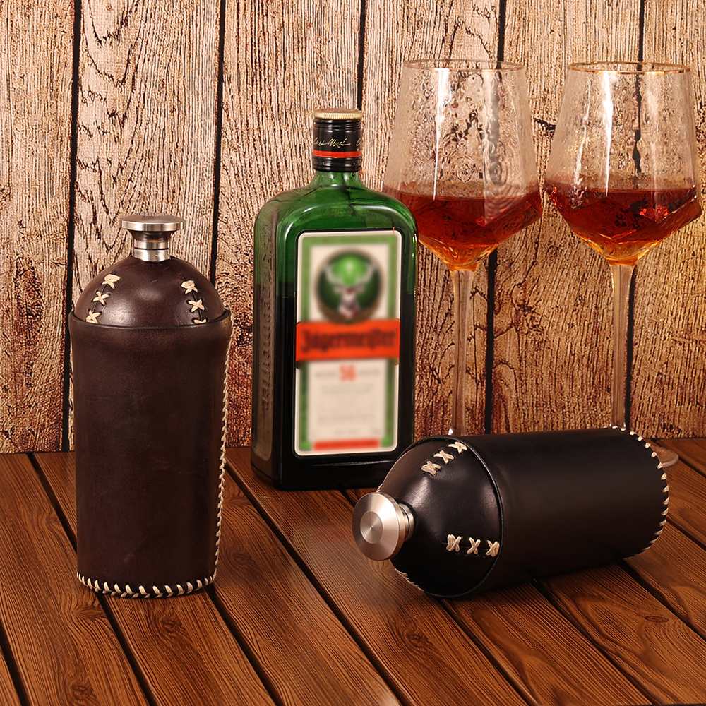 Large Capacity Genuine Leather Stitching Portable 21.2oz Stainless Steel Hip Flask Alcohol Flagon Steel Wine Bottle