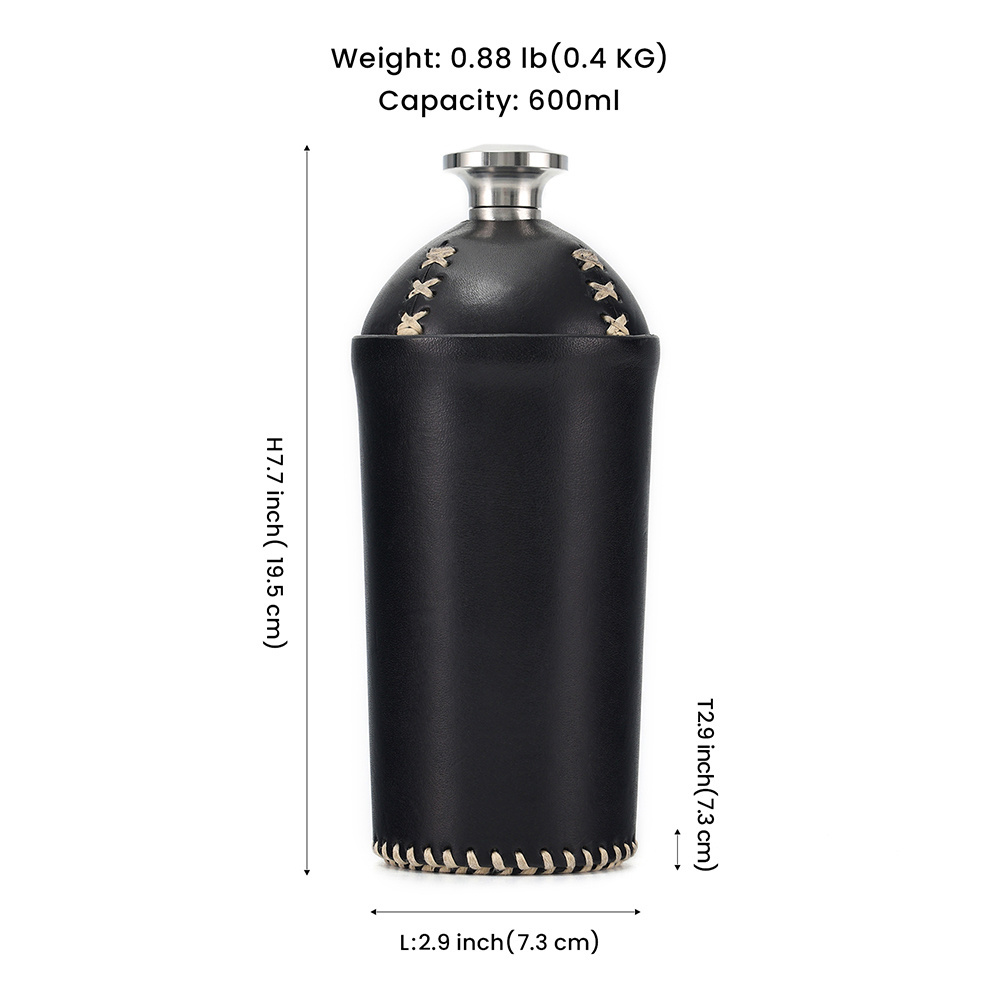 Large Capacity Genuine Leather Stitching Portable 21.2oz Stainless Steel Hip Flask Alcohol Flagon Steel Wine Bottle