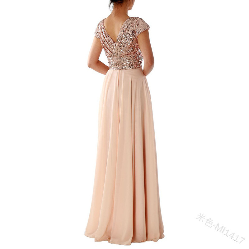 Elegant Popular Prom Long Evening Gowns V Neck Sequin Chiffon Champagne Draped Women Bridesmaid Party Dress