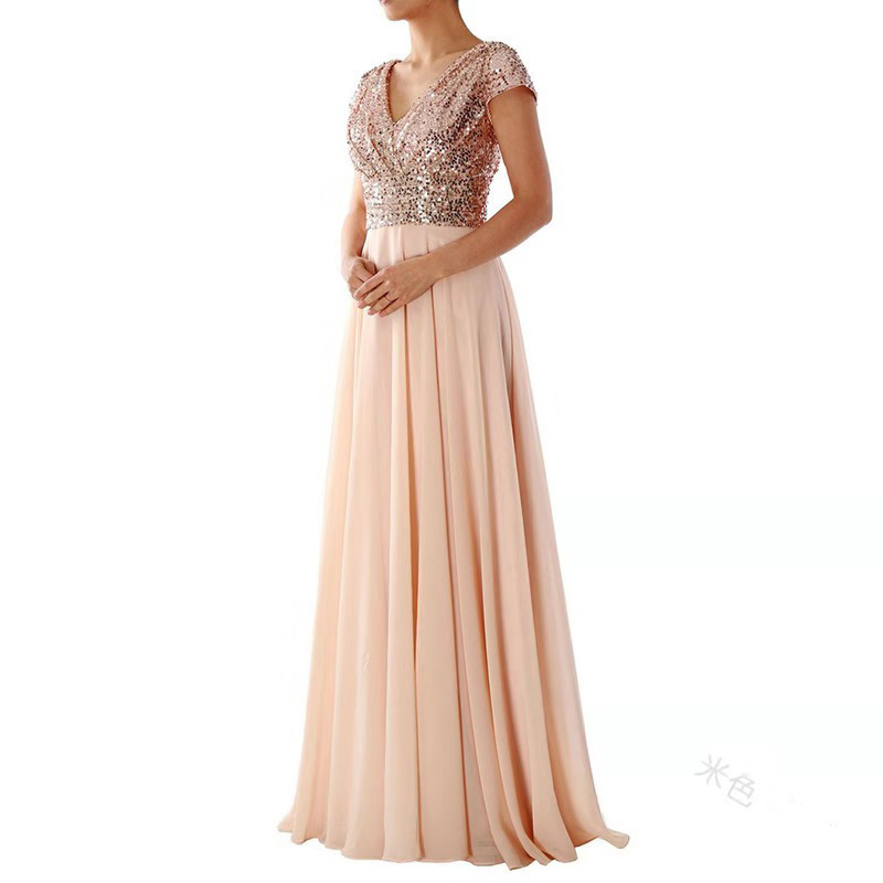 Elegant Popular Prom Long Evening Gowns V Neck Sequin Chiffon Champagne Draped Women Bridesmaid Party Dress