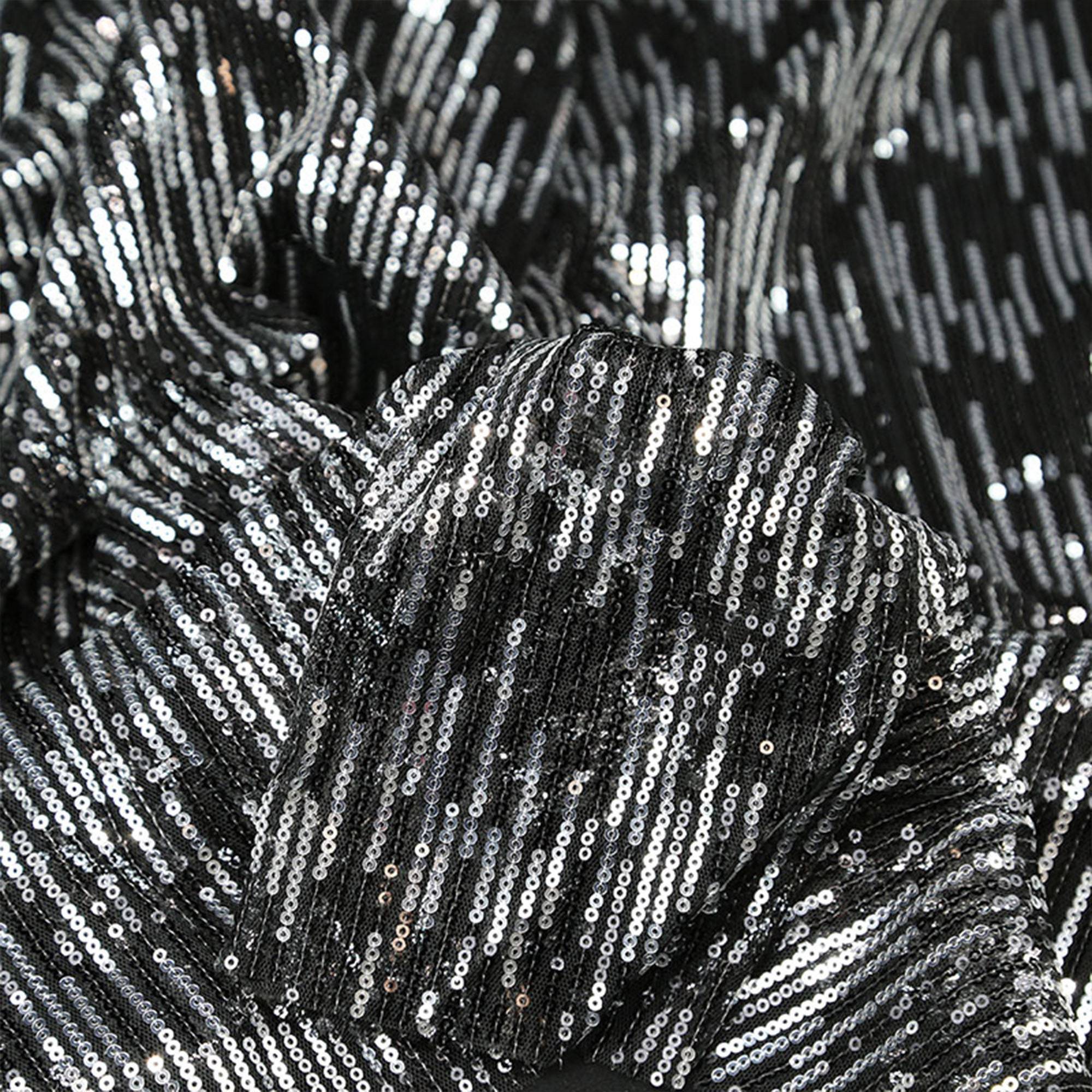 High Quality Newest Nigerian Beautiful Eco-friendly Shimmer Black Silver Stripes Embroidery Sequin Mesh Fabric By The Yard