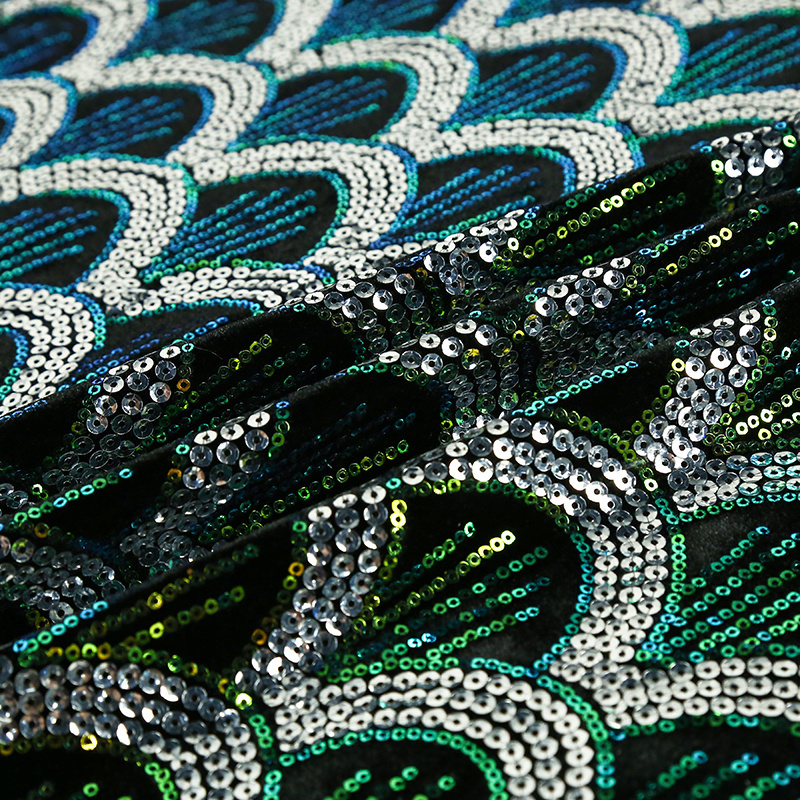 Custom sweet Africa bead embroidered velvet green sequin dress cloth lace fabric