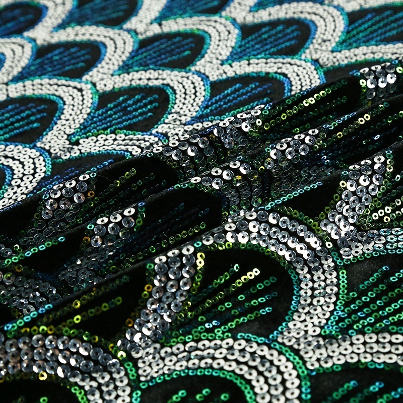 Custom sweet Africa bead embroidered velvet green sequin dress cloth lace fabric