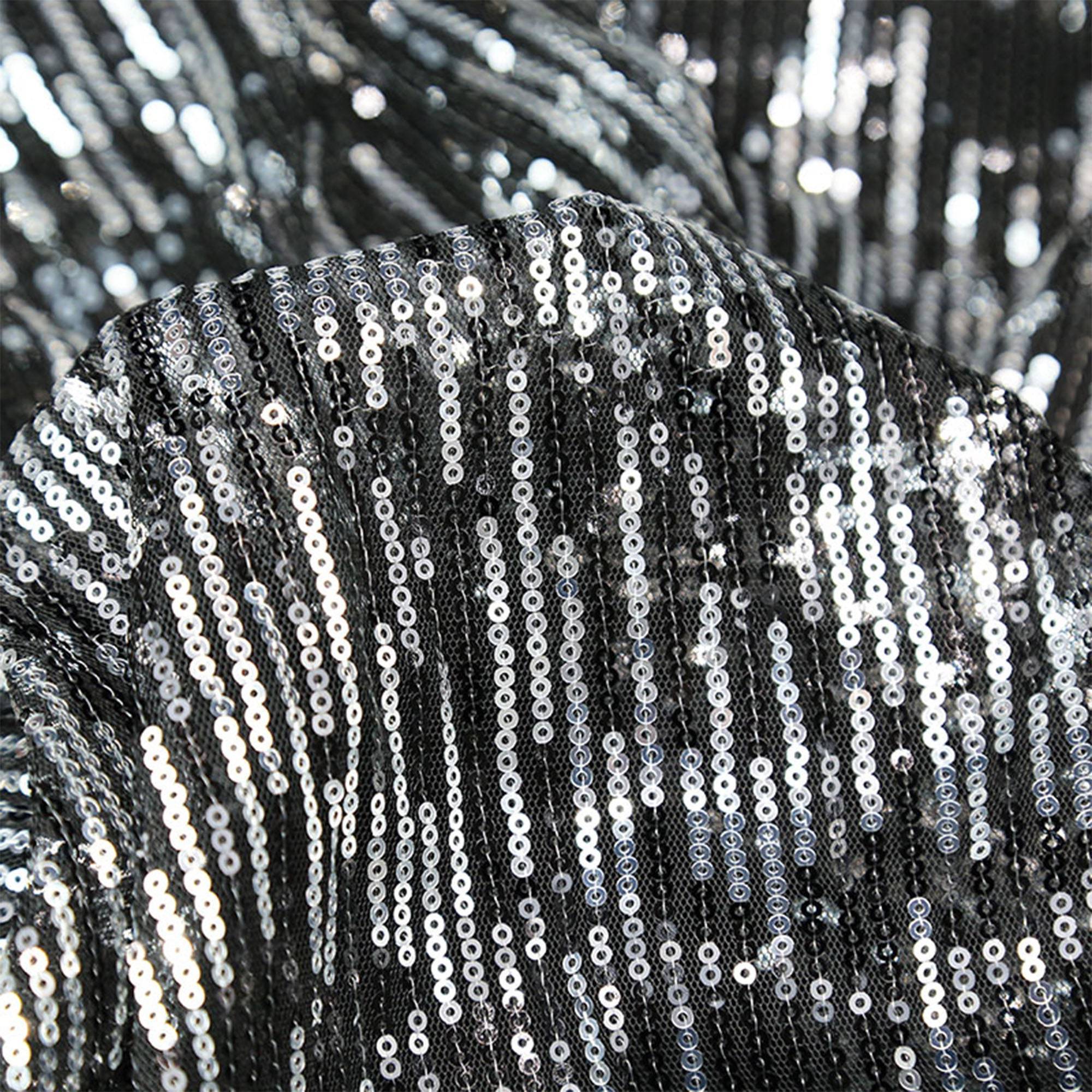 High Quality Newest Nigerian Beautiful Eco-friendly Shimmer Black Silver Stripes Embroidery Sequin Mesh Fabric By The Yard