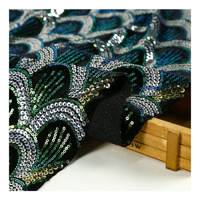 Custom sweet Africa bead embroidered velvet green sequin dress cloth lace fabric