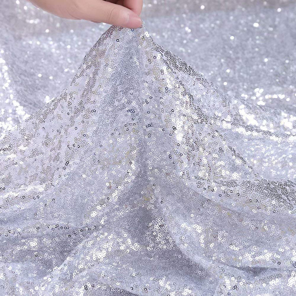 Cheap Fancy Beaded Tulle Mesh Lace Sequin Fabrics 3mm Silver Flash Fabric