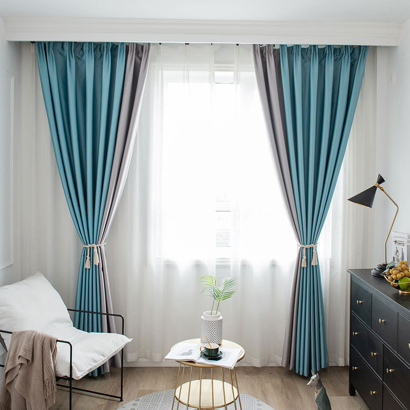 High Shading Blackout Window Plain Curtain Pocket Light Blue And Gray Patchwork Curtains For Bedroom 48 Inch Length 2 Panels