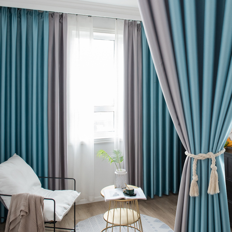 High Shading Blackout Window Plain Curtain Pocket Light Blue And Gray Patchwork Curtains For Bedroom 48 Inch Length 2 Panels