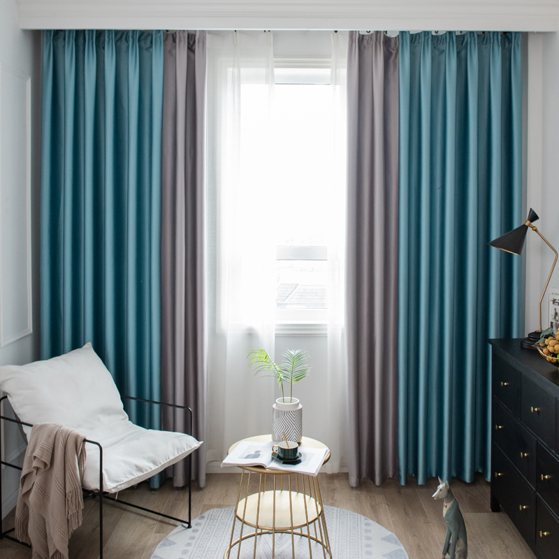 High Shading Blackout Window Plain Curtain Pocket Light Blue And Gray Patchwork Curtains For Bedroom 48 Inch Length 2 Panels