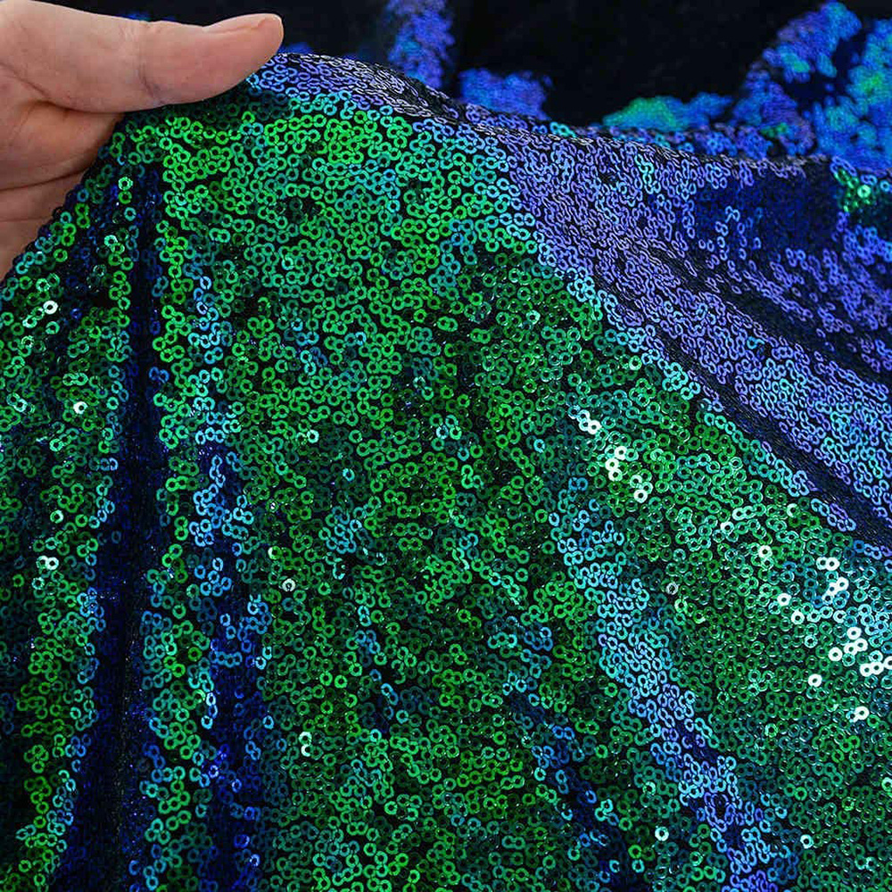 Cheap Embroidered Color Changing Casual Dress Sequin Fabrics 3mm Malachite Green Glitter Fabric