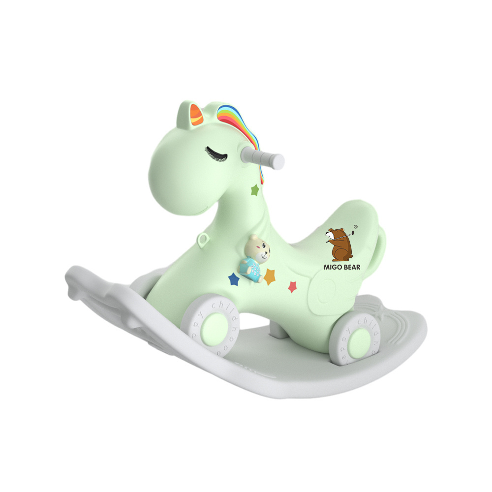 MIGO Bear Cheap Outdoor Playground Baby Walker Children Musical Hors Decorative Kids Plastic Rocking Horse With Wheels Toy