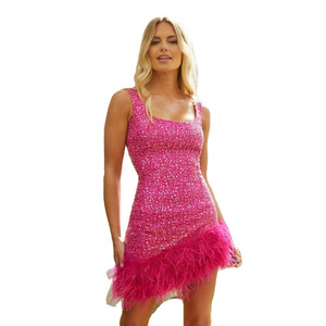 Feather Cocktail Wedding Celebration Bright Pink Square Neck Ladies Ostrich Feather Sequin Skirt