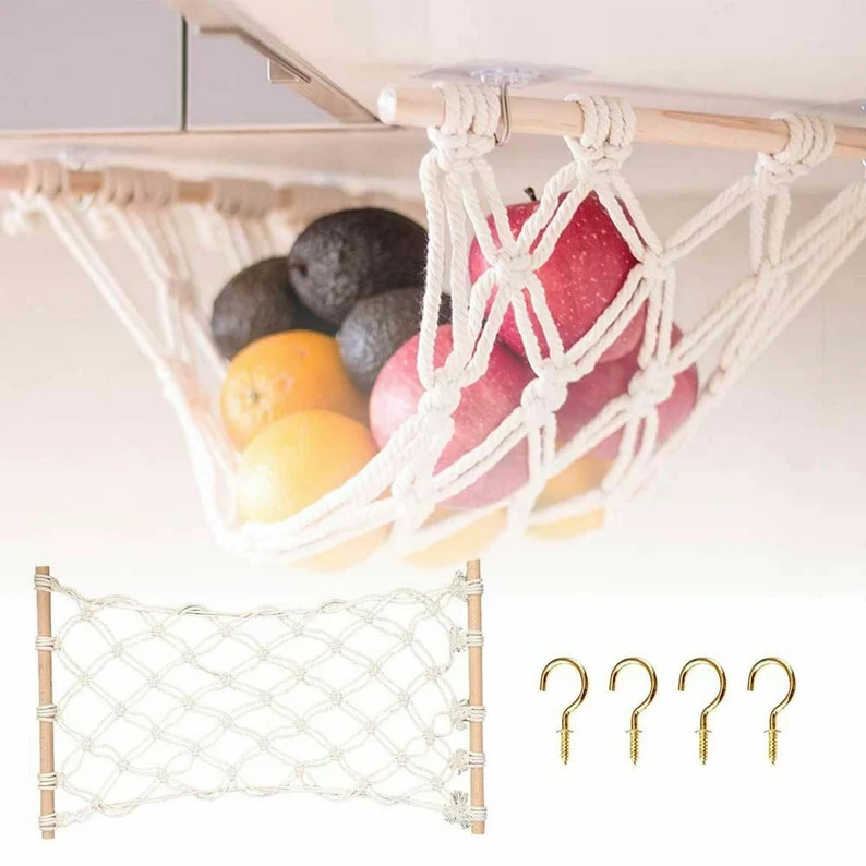 Macrame Fruit Hammock Under Cabinet hanging basket for Boho Kitchen Decor