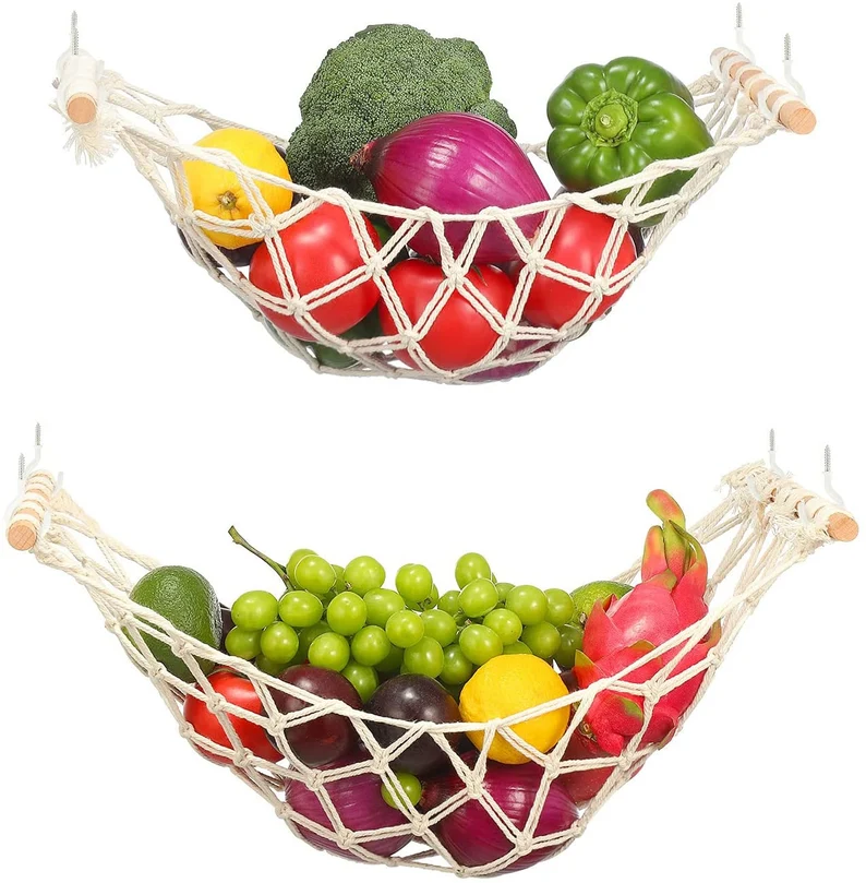 Macrame Fruit Hammock Under Cabinet hanging basket for Boho Kitchen Decor