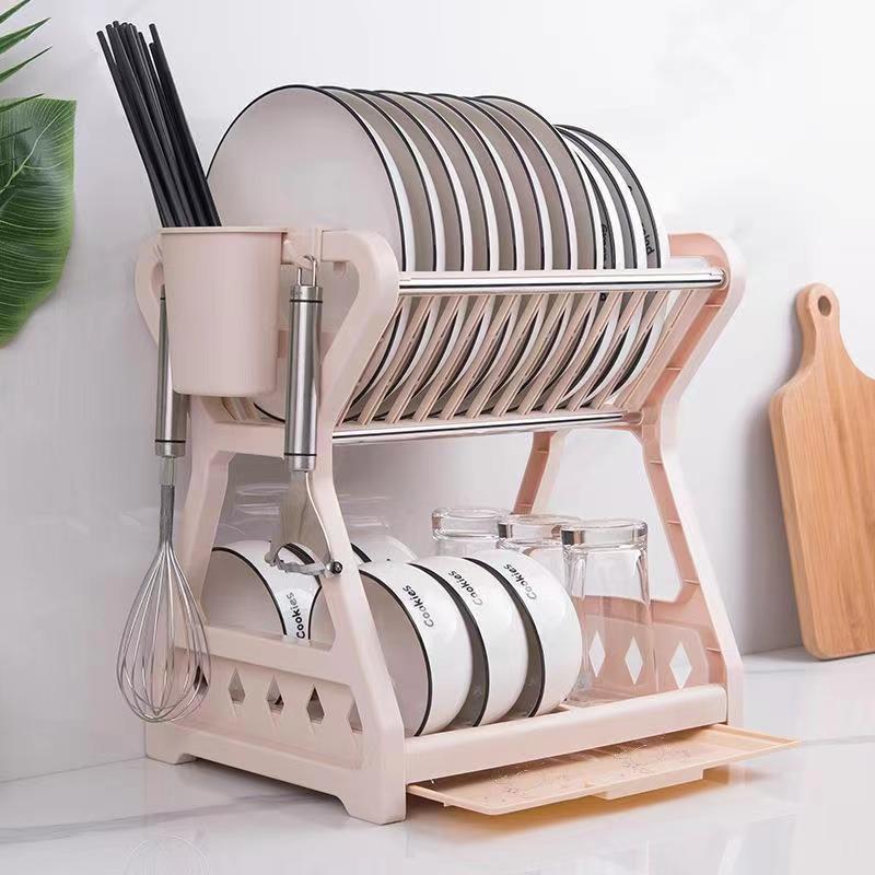 2023 New Double-layer Kitchen Dish Bowl Draining Storage Rack With Chopstick Cage Household Tableware Organizer Tray Box Basket