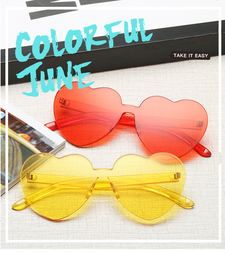 Love Heart Shape Sunglasses Women Rimless Frame Tint Clear Lens Colorful Sun Glasses Female Red Pink Yellow Shades Travel