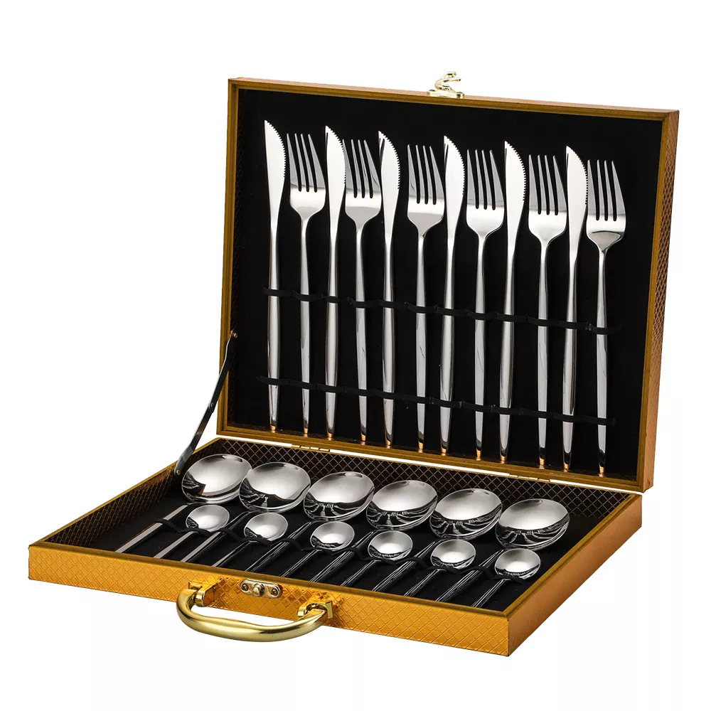 Stainless Steel Cutlery Set Knife Fork Spoon 24-Pieces Gold Wooden box Silverware gold Flatware Set