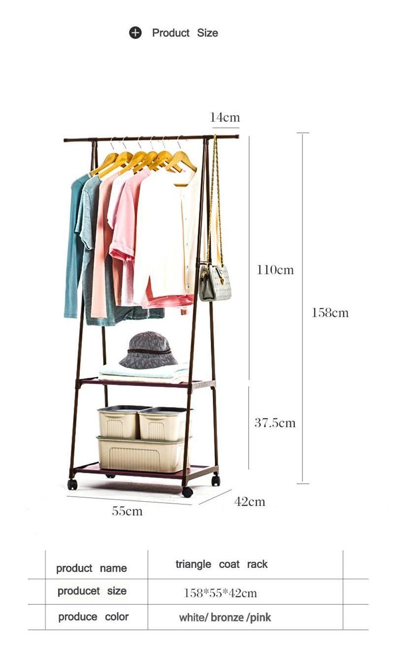 Removable Bedroom Hanging Clothes Rack with Wheels Floor Standing Coat Rack Multi-function Modern Triangle Coat Wardrobe Hanger