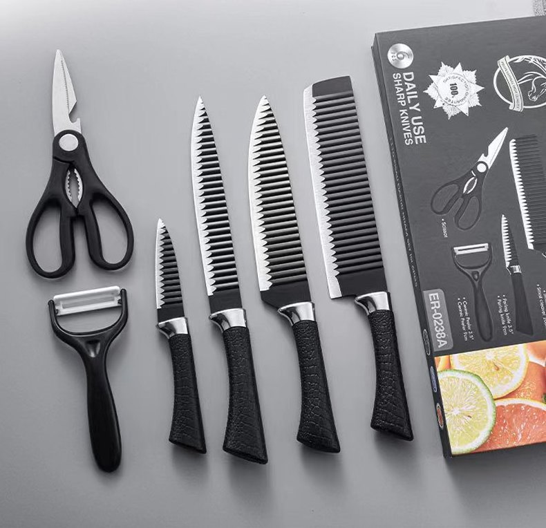 Black wavy six-piece knife set 238A stainless steel kitchen knife set foreign trade color box gift box