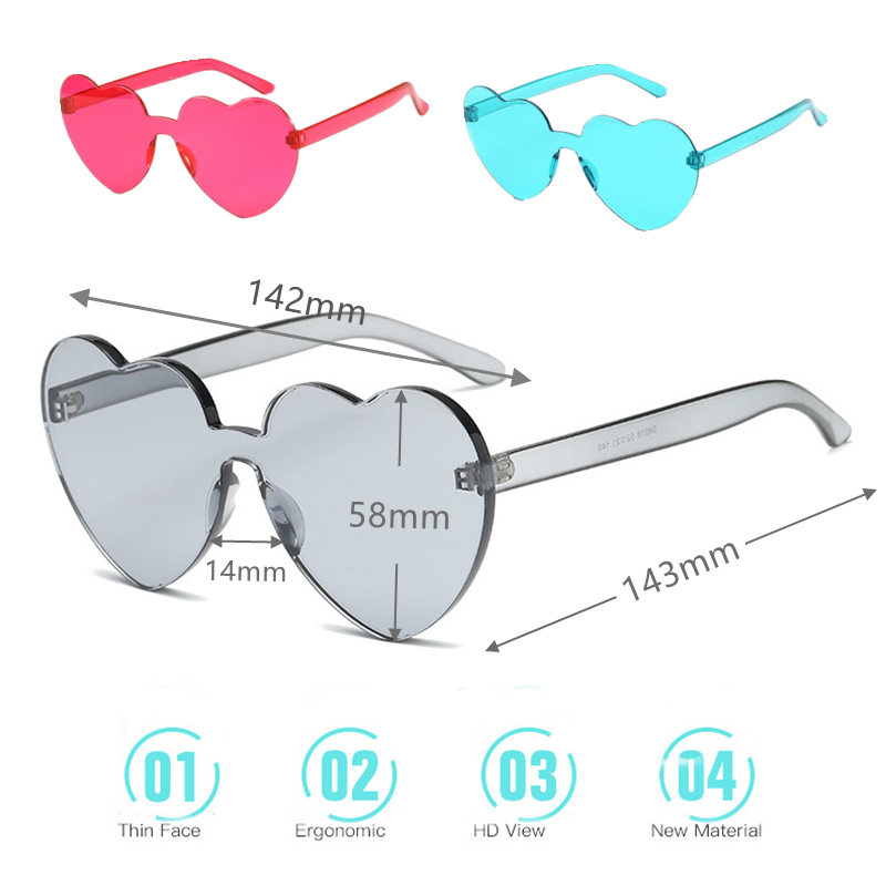 Love Heart Shape Sunglasses Women Rimless Frame Tint Clear Lens Colorful Sun Glasses Female Red Pink Yellow Shades Travel