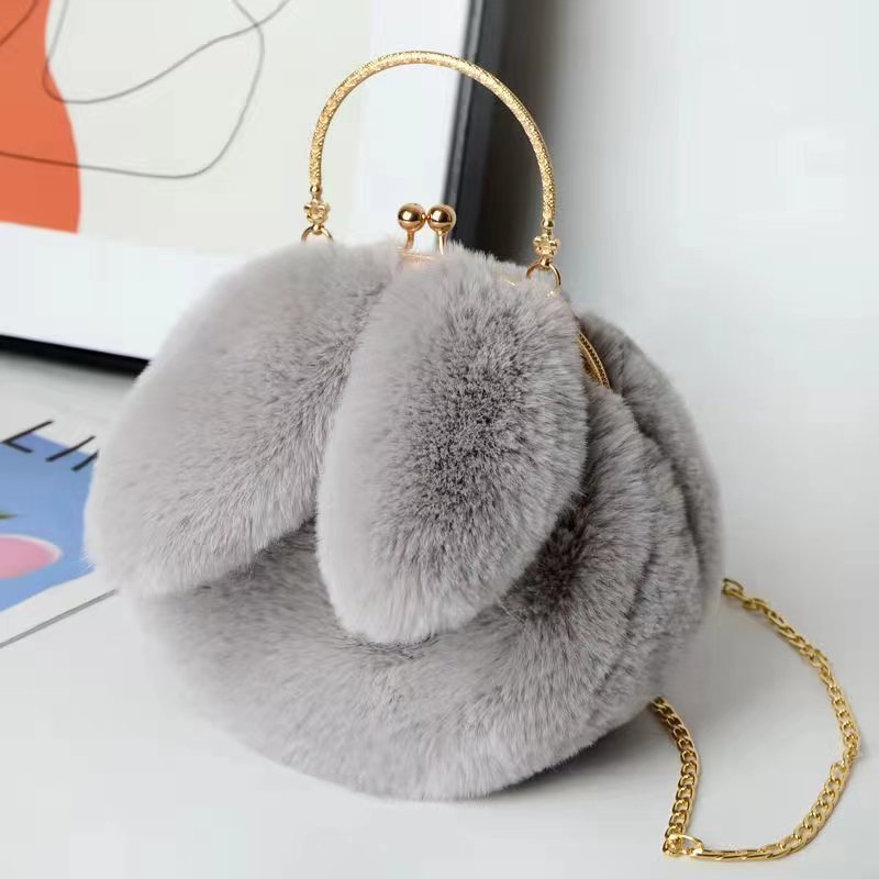 Handheld princess bag faux fur plush bags new chain bag Joker cute rabbit ear handbags cute pink beauty