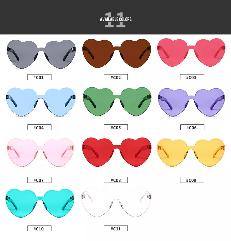 Love Heart Shape Sunglasses Women Rimless Frame Tint Clear Lens Colorful Sun Glasses Female Red Pink Yellow Shades Travel