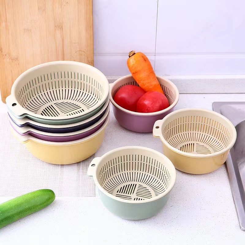 Kitchen double fruit and vegetable plastic contrast drain basket round plastic thickened storage vegetable drain basket.