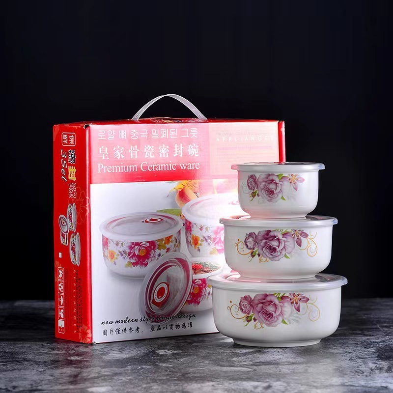 Creative ceramic fresh-keeping bowl with cover three piece set of instant noodles bowl lunch box sealed bowl large fresh-keeping