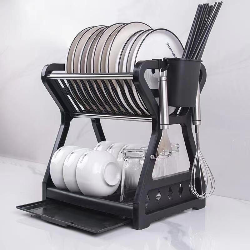 2023 New Double-layer Kitchen Dish Bowl Draining Storage Rack With Chopstick Cage Household Tableware Organizer Tray Box Basket