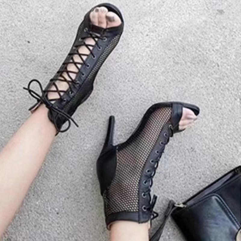 Lace-Up Sandals Heels 9CM Women's Shoes Summer 2022 Trend Black Sexy Peep Toe Boots Fashion Cloth Stilettos Jazz Dance Female