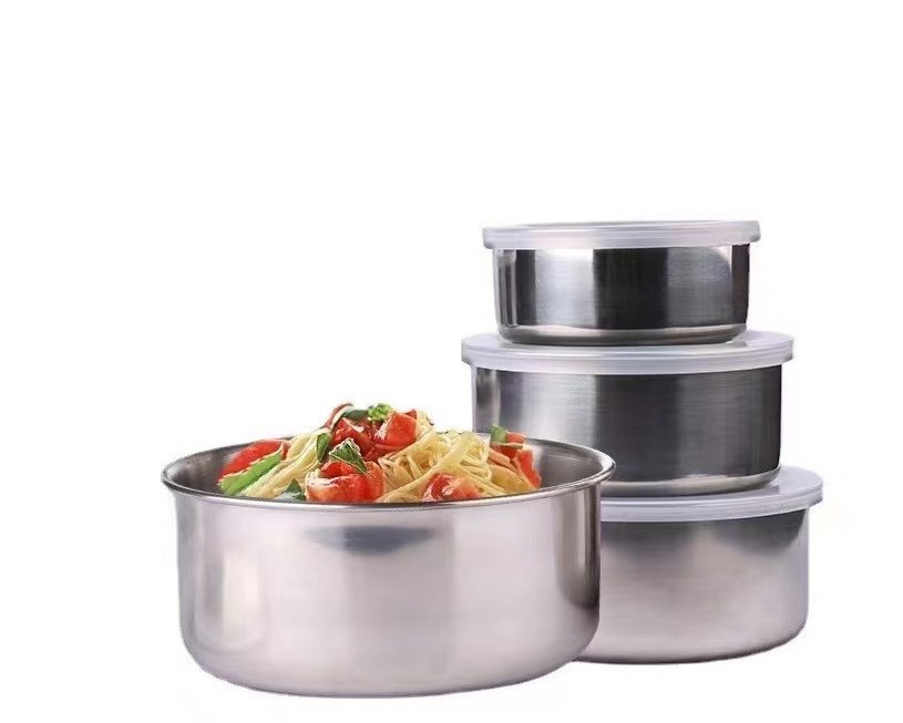 Stainless steel round sealed storage box with lid household fresh-keeping bowl kitchen gift five-piece fresh-keeping box