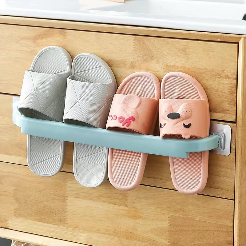 Perforation-free extended bathroom double-pole wall-hung slippers rack household color self-adhesive towel rack