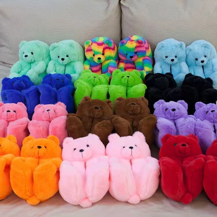 Teddy Bear Slippers Cute Ladies Winter Warm Home Slides Plush Teddy Bear Cartoon Slippers Plush Toys Woman Furry Flip Flop Shoes