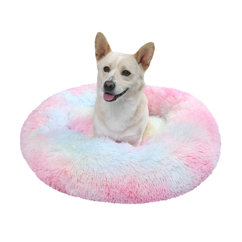 Long Faux Fur Pet Bed Comfortable Waterproof Plush Donut Round Dog Bed Dropshipping Soft Washable Cat Bed Removable Pet Cushion