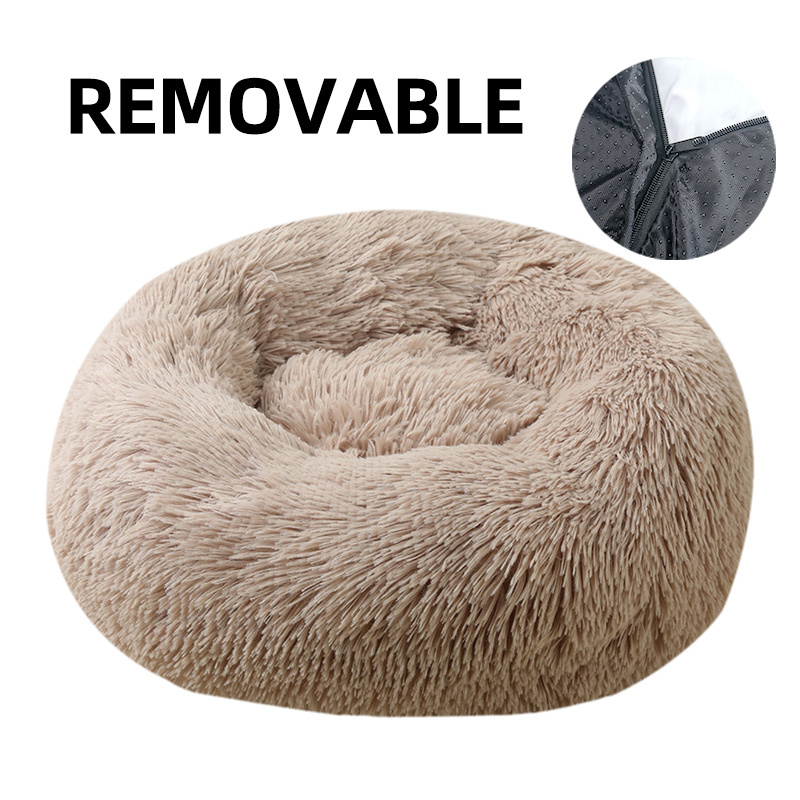 Long Faux Fur Pet Bed Comfortable Waterproof Plush Donut Round Dog Bed Dropshipping Soft Washable Cat Bed Removable Pet Cushion