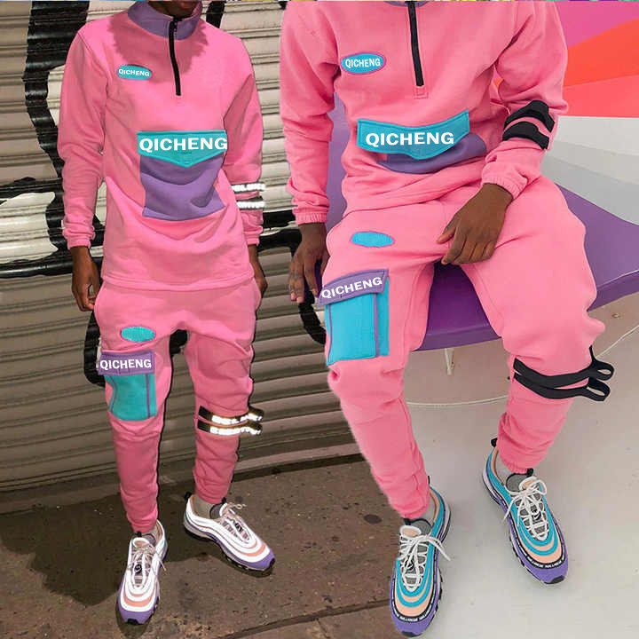 Custom logo pink 2 piece reflective Streetwear sweat suits oversized jogger set cotton tracksuits for men