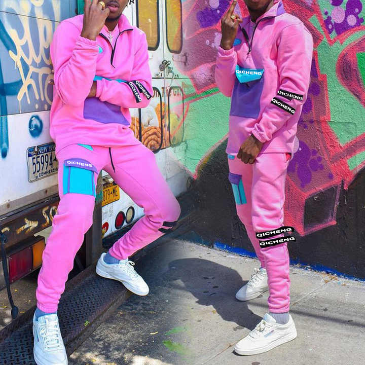 Custom logo pink 2 piece reflective Streetwear sweat suits oversized jogger set cotton tracksuits for men