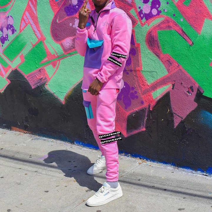 Custom logo pink 2 piece reflective Streetwear sweat suits oversized jogger set cotton tracksuits for men