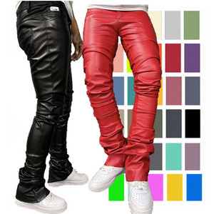 Customized Printed Logo Men Pu Leather Stack Pants High Street Fashion Black Faux Leather Pants For Men