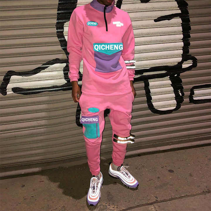 Custom logo pink 2 piece reflective Streetwear sweat suits oversized jogger set cotton tracksuits for men