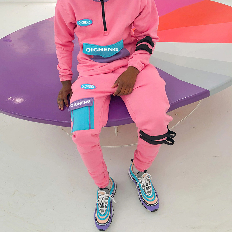 Custom logo pink 2 piece reflective Streetwear sweat suits oversized jogger set cotton tracksuits for men