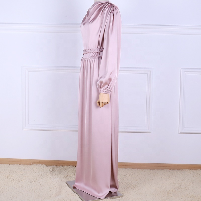 Muslim Abaya Elegant Women's Maxi Dress Silk Satin Solid Color Long Sleeves Simple Women Dress Middle East Clothing Arabic Gown