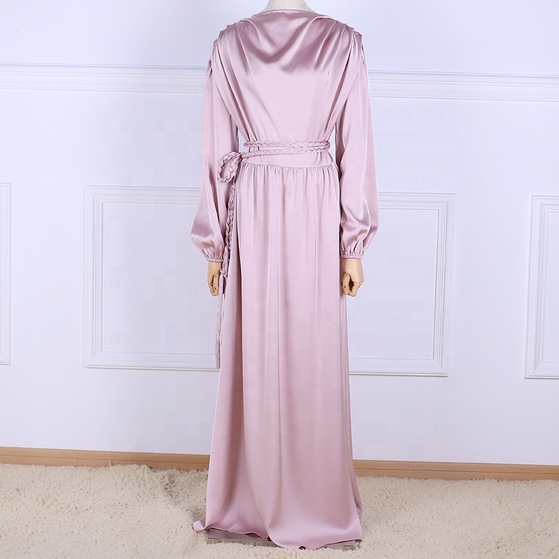 Muslim Abaya Elegant Women's Maxi Dress Silk Satin Solid Color Long Sleeves Simple Women Dress Middle East Clothing Arabic Gown