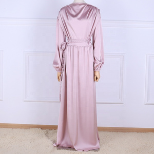 Muslim Abaya Elegant Women's Maxi Dress Silk Satin Solid Color Long Sleeves Simple Women Dress Middle East Clothing Arabic Gown