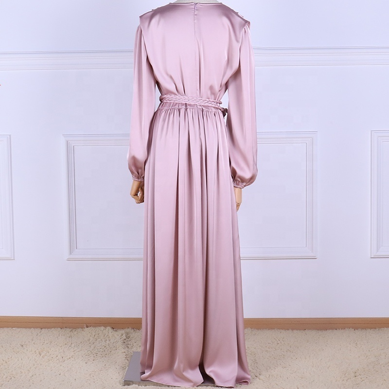 Muslim Abaya Elegant Women's Maxi Dress Silk Satin Solid Color Long Sleeves Simple Women Dress Middle East Clothing Arabic Gown