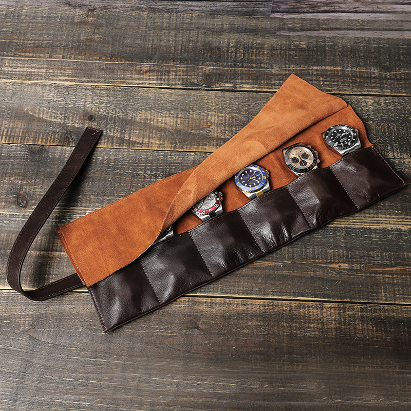 Custom multi-function Genuine Leather Travel Watch Roll storage Bag With 6 Pockets