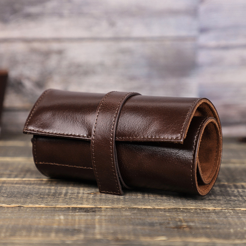 Custom multi-function Genuine Leather Travel Watch Roll storage Bag With 6 Pockets