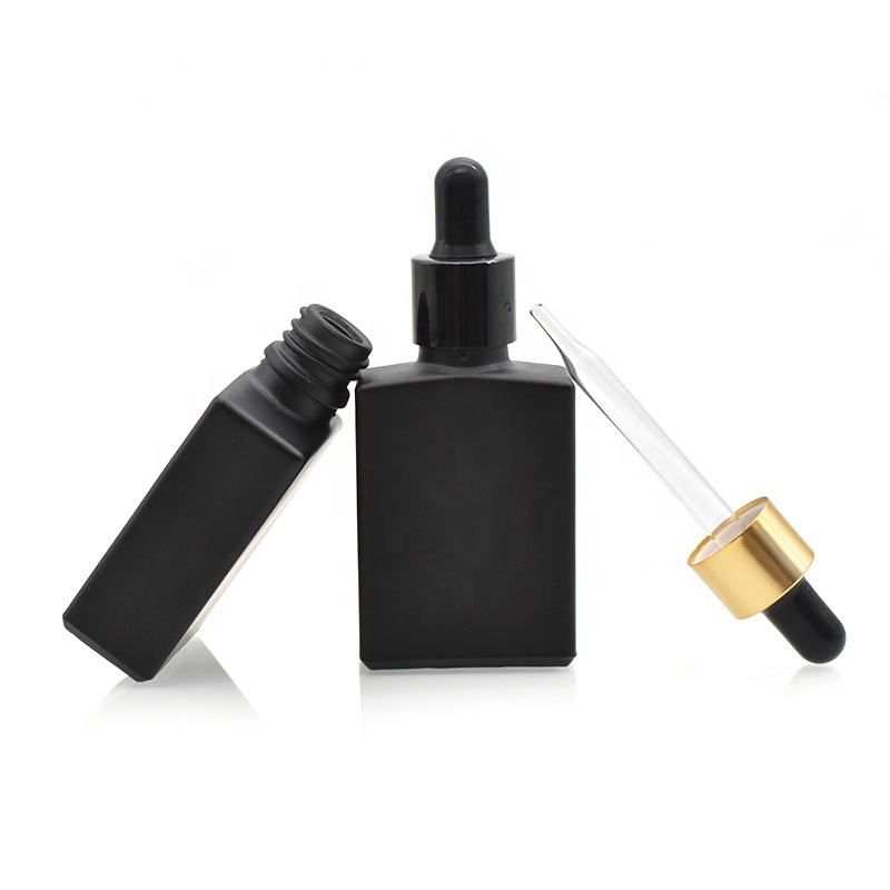 refillable black beard oil bottles 30ml rectangle glass essential oil skin care serum dropper bottles