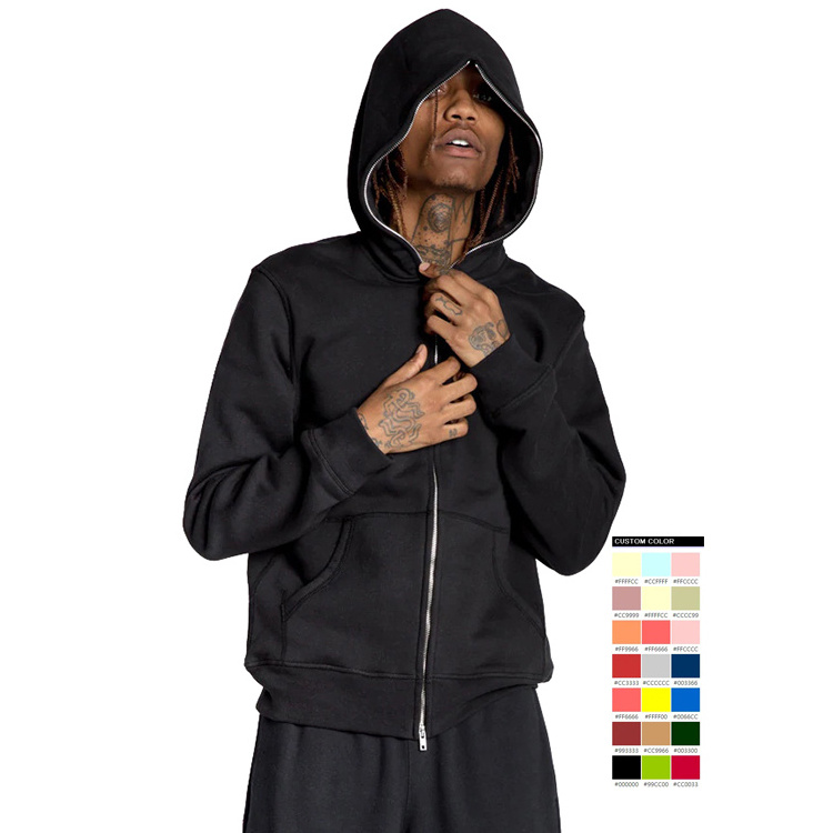 Custom Kangaroo Pouch Pocket plain blank black full face zipper hoodie for men