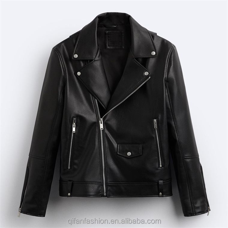 Custom lapel collar windbreaker leather motorcycle jacket for men